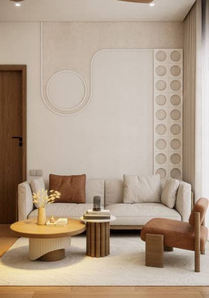 Kabartmalı duvar dekoru olan minimalist sıcak salon