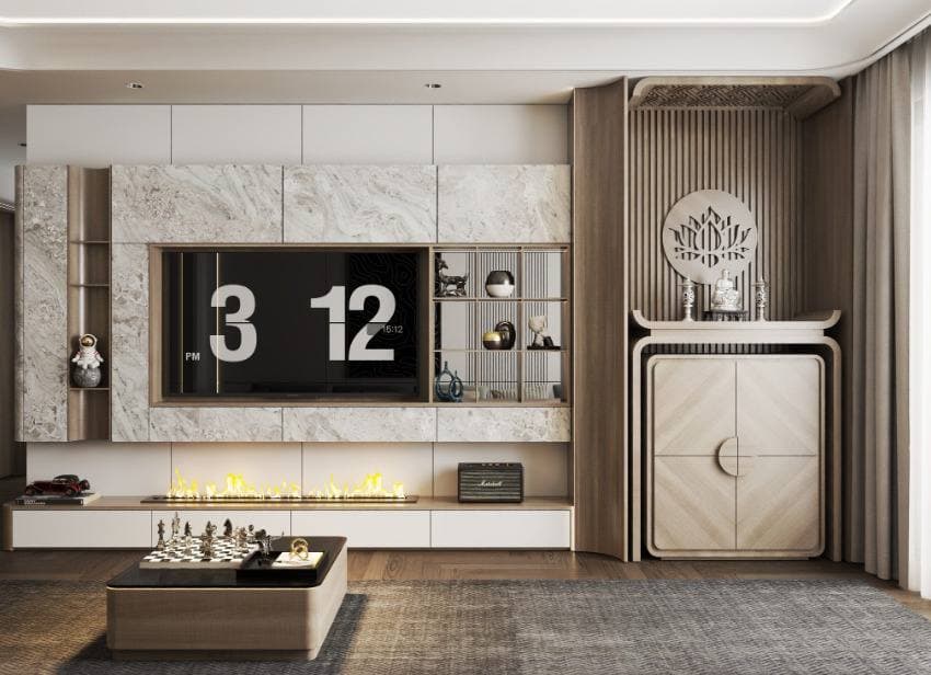 Ahşap dolap ve mermer TV duvarı olan sıcak tonlu salon